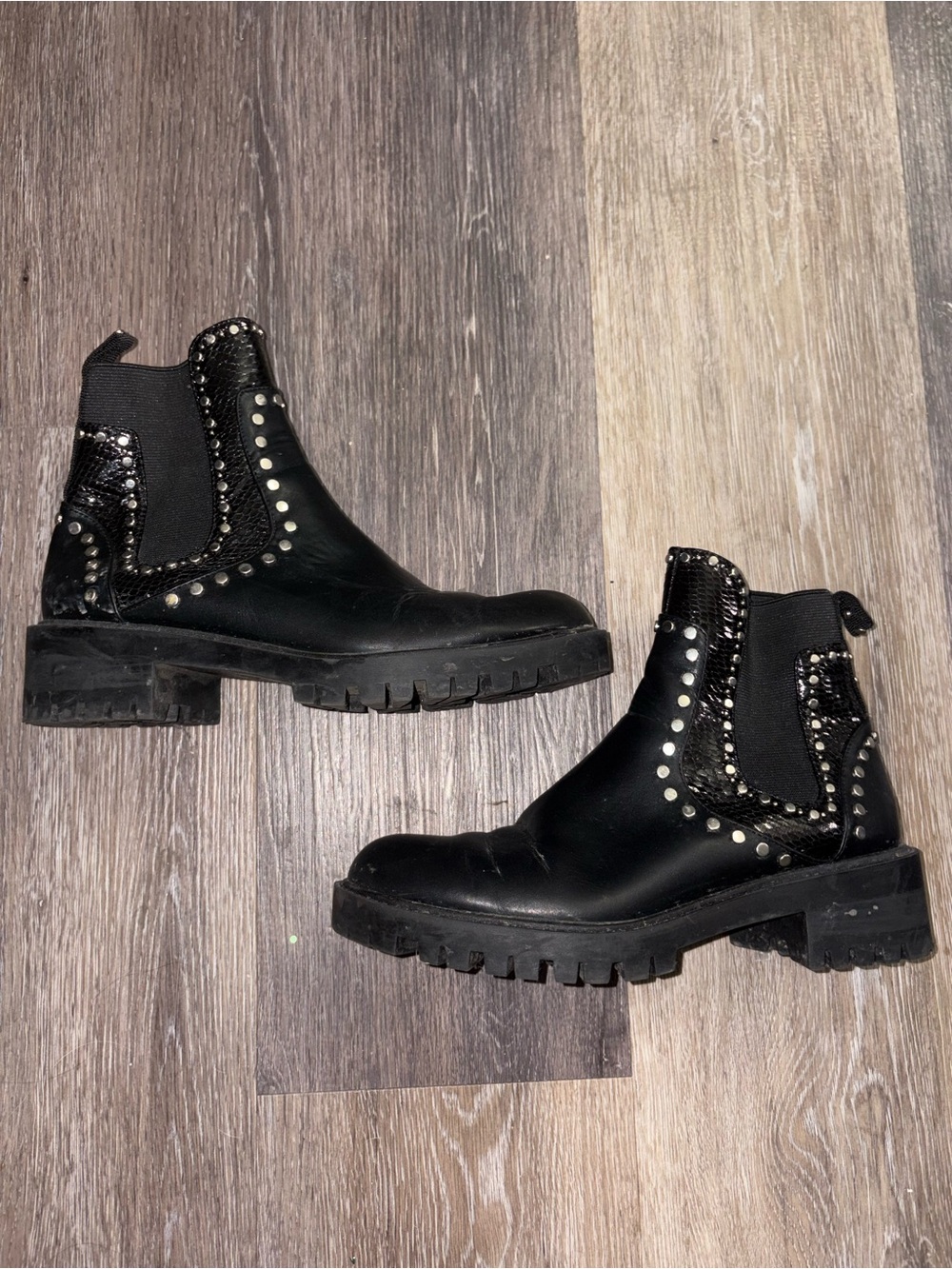 Zara Black Faux Leather Studded Chelsea Combat Boots Chunky Lug Sole Size 7.5